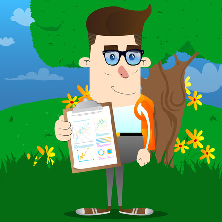 Schoolboy shows finance report. Vector cartoon character illustration.のイラスト素材