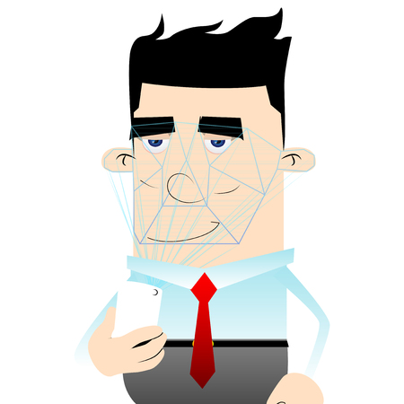 Businessman using a new technology of face recognition. Vector cartoon illustration.のイラスト素材