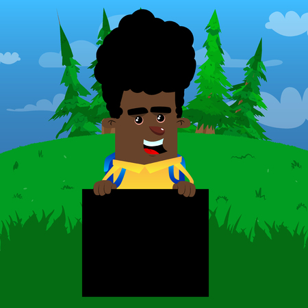 Schoolboy holding blank black sign. Vector cartoon character illustration.のイラスト素材