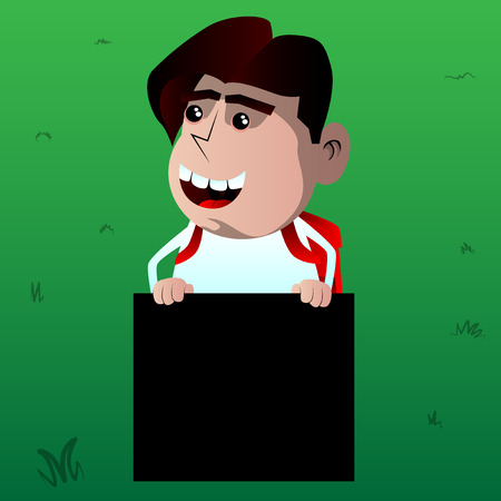 Schoolboy holding blank black sign. Vector cartoon character illustration.のイラスト素材