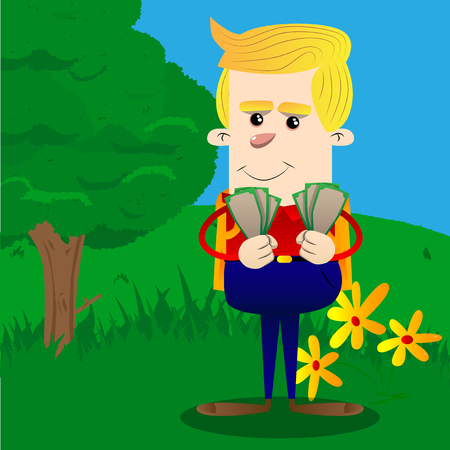 Schoolboy holding or showing money bills. Vector cartoon character illustration.のイラスト素材