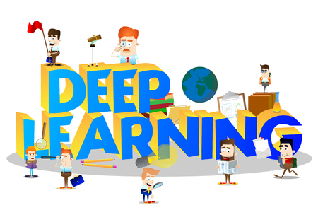 Cartoon little business people and students with word Deep Learning. Miniature scene of businessmen and kids.のイラスト素材