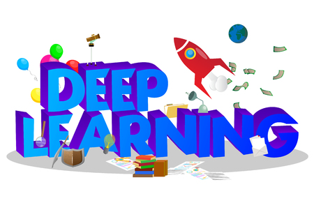 Cartoon little objects with word Deep Learning. Miniature scene of books, papers, light bulb, balloons and other objects.のイラスト素材