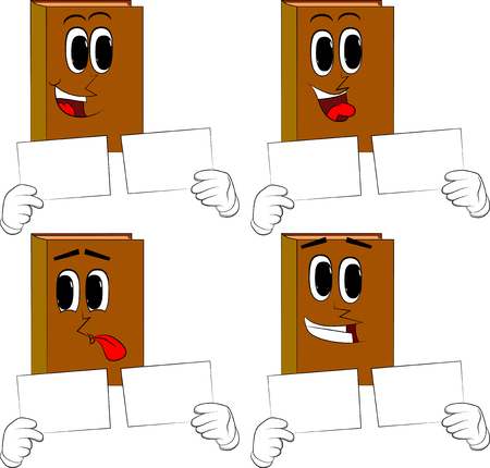 Books holding two white paper. Cartoon book collection with happy faces. Expressions vector set.のイラスト素材