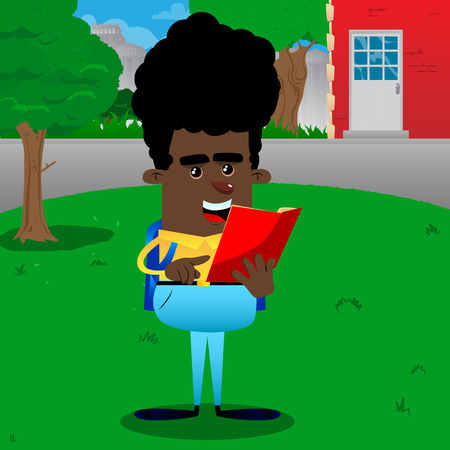 Schoolboy reading and pointing at an opened book. Vector cartoon character illustration.のイラスト素材