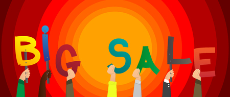 Diverse hands holding letters of the alphabet created the word Big Sale. Vector illustration.のイラスト素材