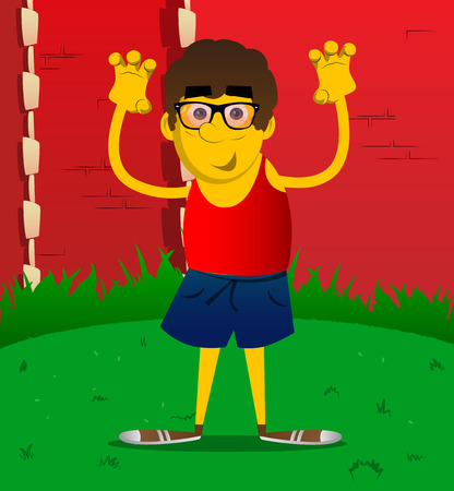 Yellow man is trying to scare you. Vector cartoon illustration.のイラスト素材