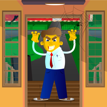 Yellow man is trying to scare you. Vector cartoon illustration.のイラスト素材
