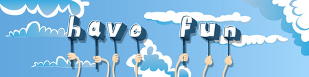 Diverse hands holding letters of the alphabet created the word Have Fun. Vector illustration.のイラスト素材