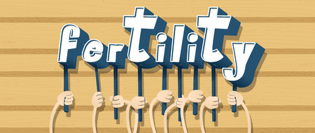 Diverse hands holding letters of the alphabet created the word Fertility. Vector illustration.のイラスト素材