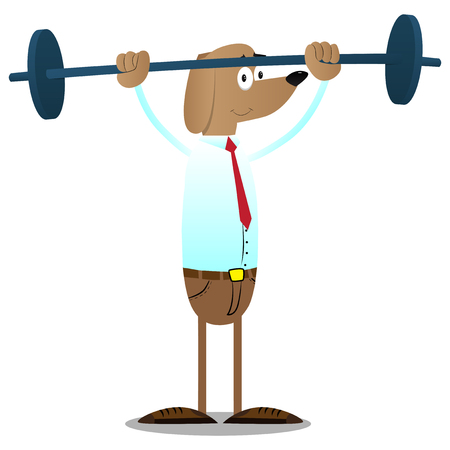 Cartoon illustrated business dog weightlifter lifting barbell.のイラスト素材