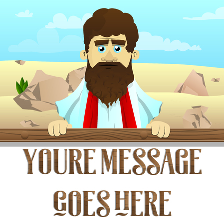 Vector illustrated cartoon Jesus with white banner for your message, standing in the desert.のイラスト素材
