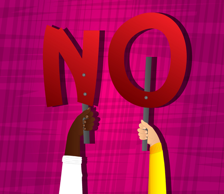 Diverse hands holding letters of the alphabet created the word No. Vector illustration.のイラスト素材