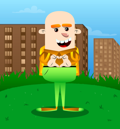 Schoolboy with heart shape hand gesture. Vector cartoon character illustration.のイラスト素材