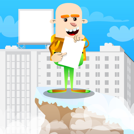 Schoolboy holding white paper and pointing at it. Vector cartoon character illustration.のイラスト素材