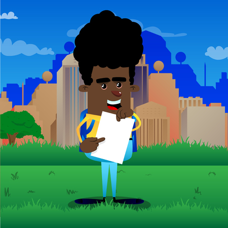 Schoolboy holding white paper and pointing at it. Vector cartoon character illustration.のイラスト素材