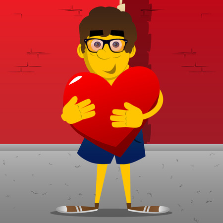 Yellow man hugging big red heart. Vector cartoon illustration.のイラスト素材