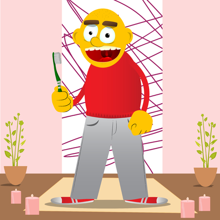 Yellow man holding toothbrush. Vector cartoon illustration.のイラスト素材