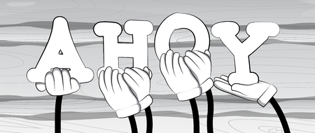 Diverse hands holding letters of the alphabet created the word Ahoy (in english can be used as a greeting, a warning, or a farewell). Vector illustration.のイラスト素材