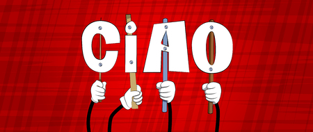 Diverse hands holding letters of the alphabet created the word Ciao (hello and bye in Italian). Vector illustration.のイラスト素材