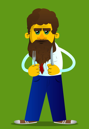 Yellow man holding up a knife and fork. Vector cartoon illustration.のイラスト素材