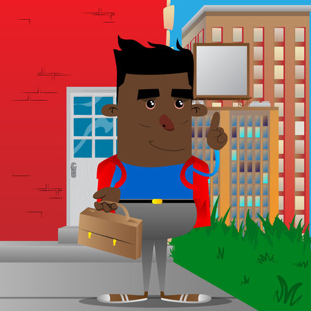 Schoolboy holding suitcase and making a point. Vector cartoon character illustration.のイラスト素材