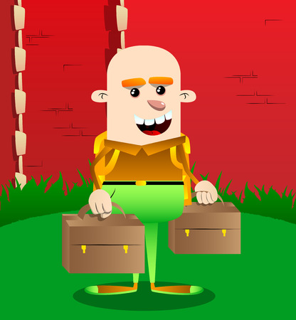 Schoolboy with two suitcase. Vector cartoon character illustration.のイラスト素材