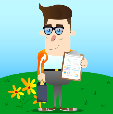 Schoolboy as boss with suitcase or bag shows finance report. Vector cartoon character illustration.のイラスト素材