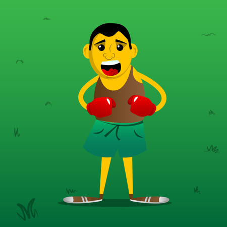 Yellow man holding his fists in front of him ready to fight wearing boxing gloves. Vector cartoon illustration.のイラスト素材