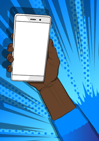Afro American hand holding white cellphone with white screen. Cartoon pop art retro vector illustration drawing in comic book style.のイラスト素材