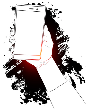 Hand holding white cellphone with white screen. Drawing with splash on the background.のイラスト素材