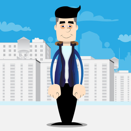 Funny cartoon man dressed for winter standing. Vector illustration.のイラスト素材
