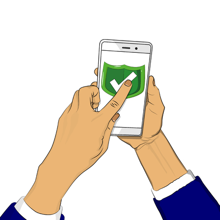 Hand holds smart phone with green shield and a finger touches the screen. Cartoon pop art retro vector illustration drawing in comic book style.のイラスト素材