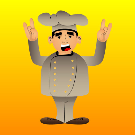 Fat male cartoon chef in uniform with hands in rocker pose. Vector illustration.のイラスト素材