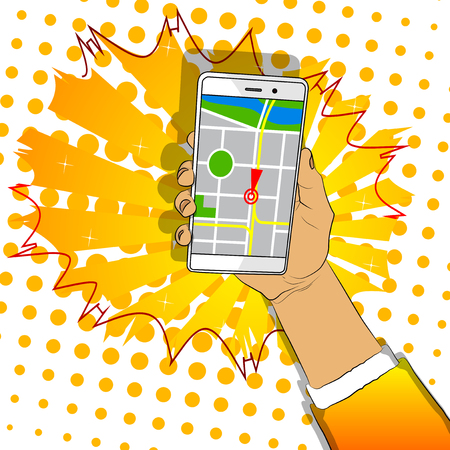 Hand holding white cellphone with map. Mobile gps navigation and tracking concept. Vector cartoon, comic book illustration for web sites, banners.のイラスト素材