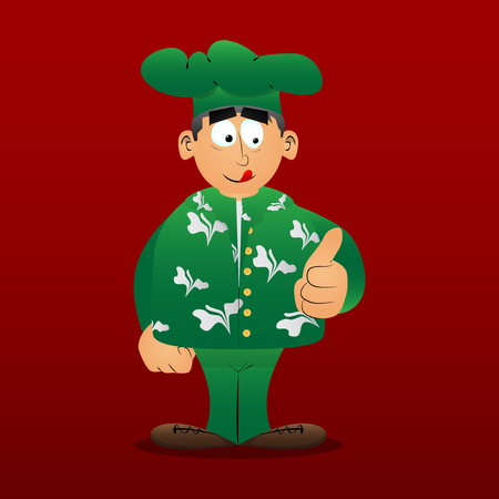 Fat male cartoon chef in uniform making thumbs up sign. Vector illustration.のイラスト素材