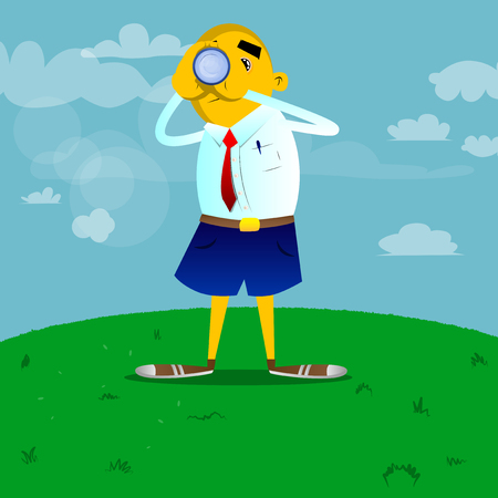 Yellow man holding binoculars in his hands. Vector cartoon illustration.のイラスト素材