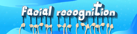 Diverse hands holding letters of the alphabet created the word Facial Recognition. Vector illustration.のイラスト素材