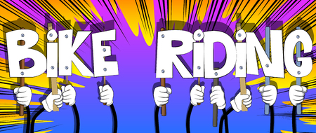 Diverse hands holding letters of the alphabet created the word Bike Riding. Vector illustration.のイラスト素材