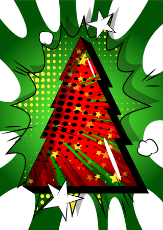 Vector illustrated retro comic book Christmas tree background, pop art vintage style abstract background.のイラスト素材