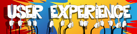 Diverse hands holding letters of the alphabet created the words User Experience. Vector illustration.のイラスト素材