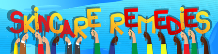 Diverse hands holding letters of the alphabet created the words Skincare Remedies. Vector illustration.のイラスト素材