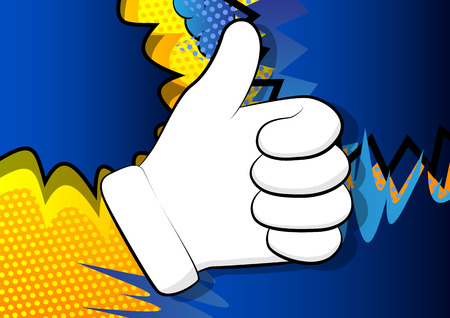 Vector cartoon hand thumbs up. Illustrated Like hand sign on comic book background.のイラスト素材