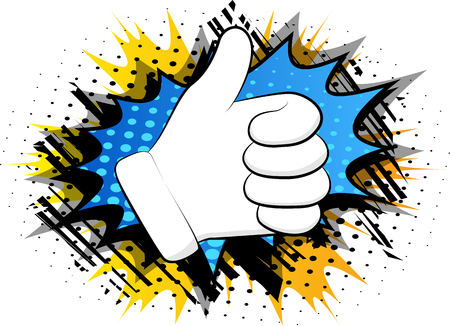 Vector cartoon hand thumbs up. Illustrated Like hand sign on comic book background.のイラスト素材