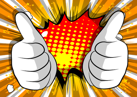 Vector cartoon hands making thumbs up sign. Illustrated hand expression, gesture on comic book background.のイラスト素材