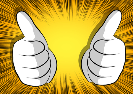Vector cartoon hands making thumbs up sign. Illustrated hand expression, gesture on comic book background.のイラスト素材