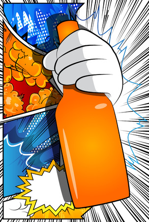 Vector cartoon hand holding a bottle. Illustrated Like hand sign on comic book background.のイラスト素材
