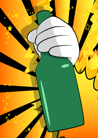Vector cartoon hand holding a bottle. Illustrated Like hand sign on comic book background.のイラスト素材