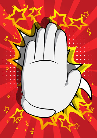 Vector cartoon hand showing deny or refuse gesture. Illustrated Like hand sign on comic book background.のイラスト素材