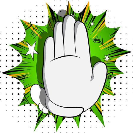 Vector cartoon hand showing deny or refuse gesture. Illustrated Like hand sign on comic book background.のイラスト素材